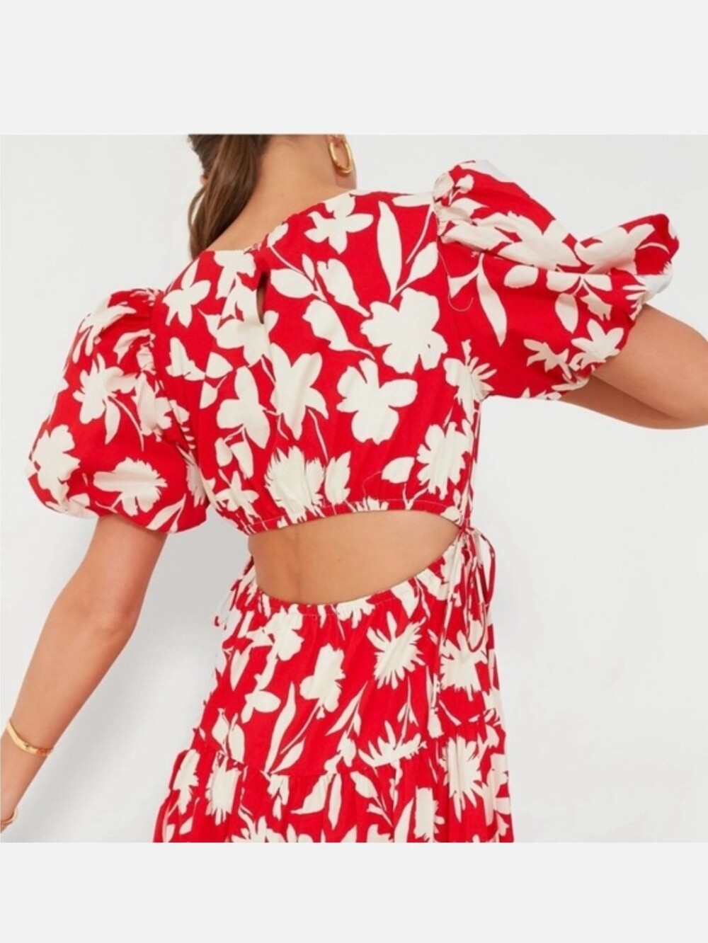 NWT Moon River red cream floral cutout puff sleeve cotton midi dress sz S - Picture 2 of 11